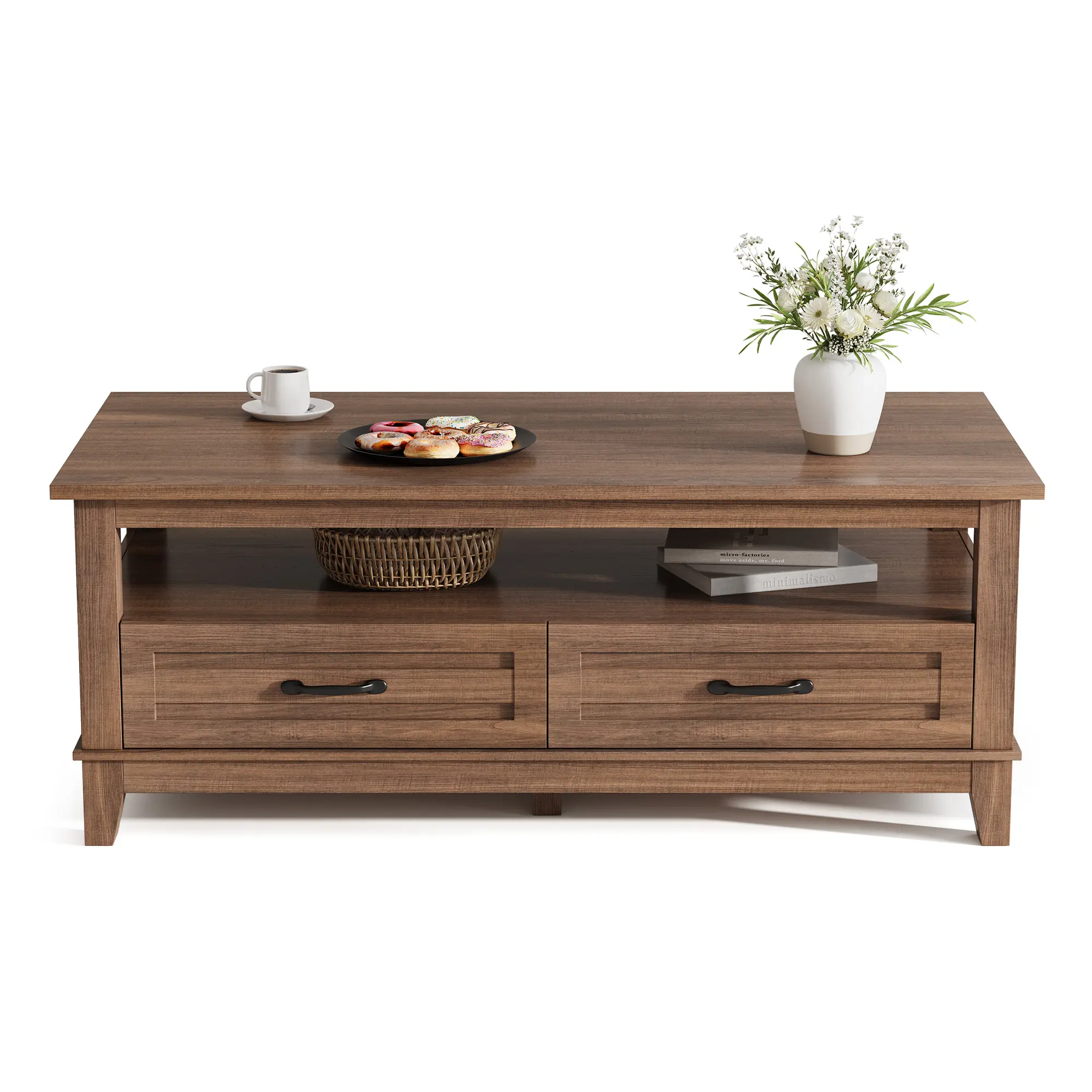 Farmhouse Coffee Table with Drawers – Rustic Wood, 47.2 Inch Rectangle, Open Shelf, 6 Sturdy Legs – Easy Assembly – Ideal for Living Room, Parlor, Office