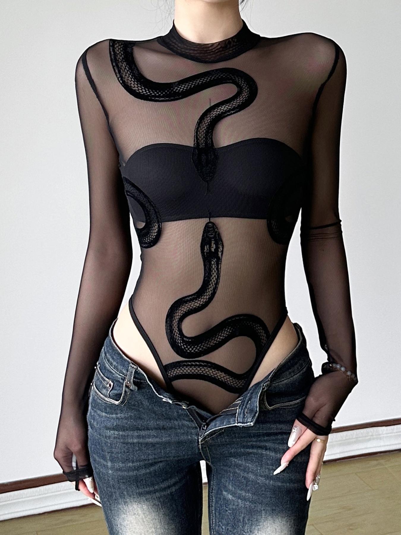 Sheer Velvet Snake Print Mesh Bodysuit, Womenswear, Sexy Slim-Fitting All-In-One for Summer, Elegant and Bold Fashion Statement Piece