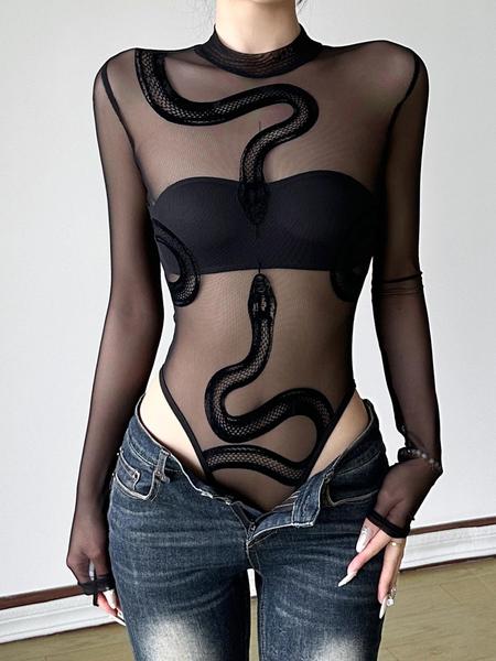 Sheer Velvet Snake Print Mesh Bodysuit, Sexy Slim-Fitting All-In-One for Summer, Elegant and Bold Fashion Statement