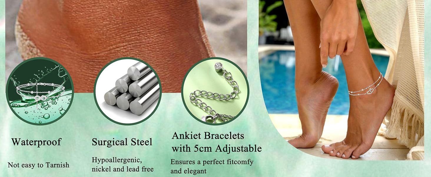 MILACOLATO Stainless Steel Ankle Bracelet for Women Teens Cute Butterfly Sequin Infinity Cross Heart Evil Eye Pendant Layered Anklets Adjustable Foot Jewelry