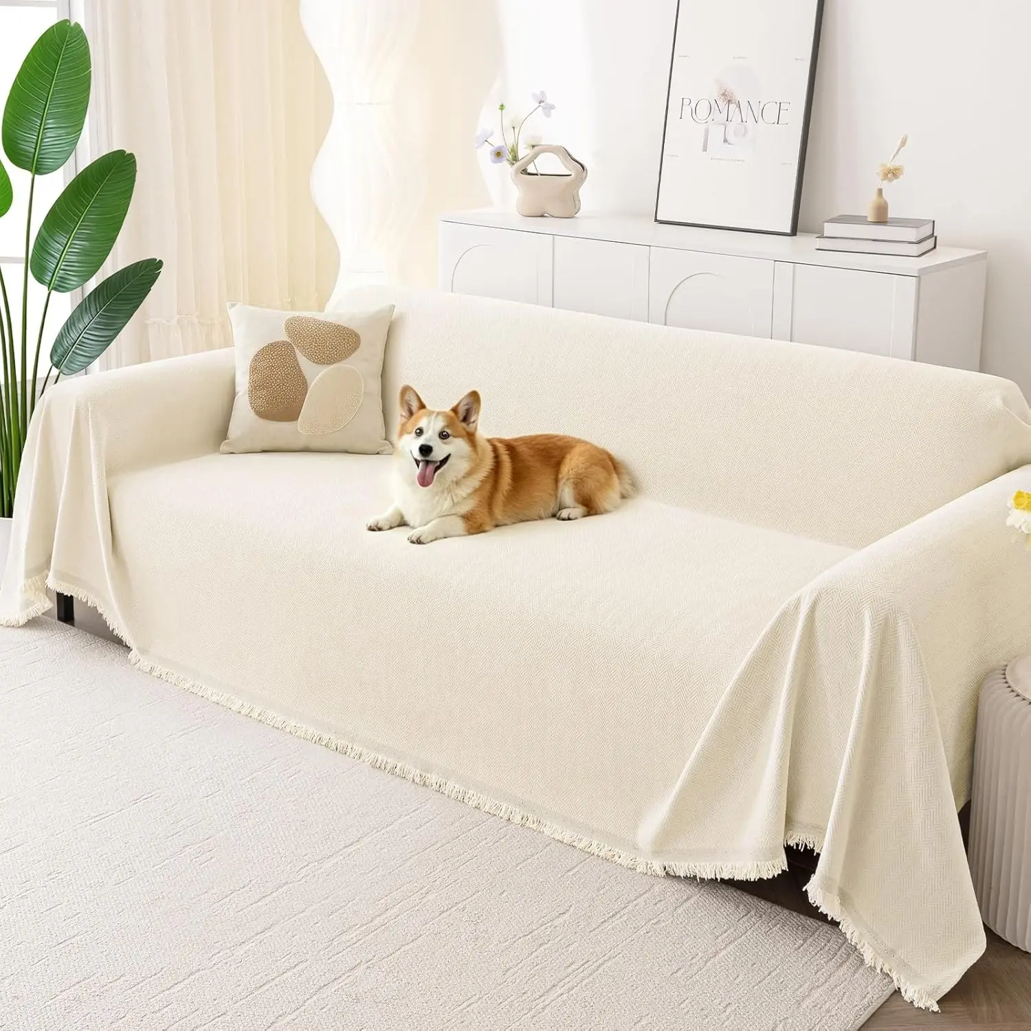 Solid Rectangular Chenille Couch Cover for Dogs, Slip-On Washable 3-Cushion Sofa Protector, Thick Tasseled Sectional Furniture Slipcover (Beige, 71x91 in)