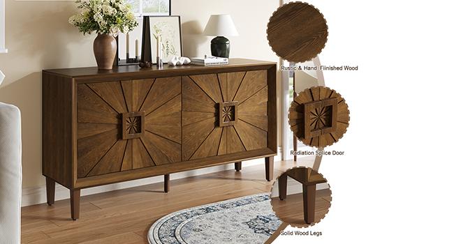 Sideboard Buffet Cabinet, 60" Large Accent Credenza Cabinet with Sunburst 4 Doors & Adjustable Shelf for Living Room, Rustic Brown Kitchen Buffet Table with Storage, TV Stand Media Console