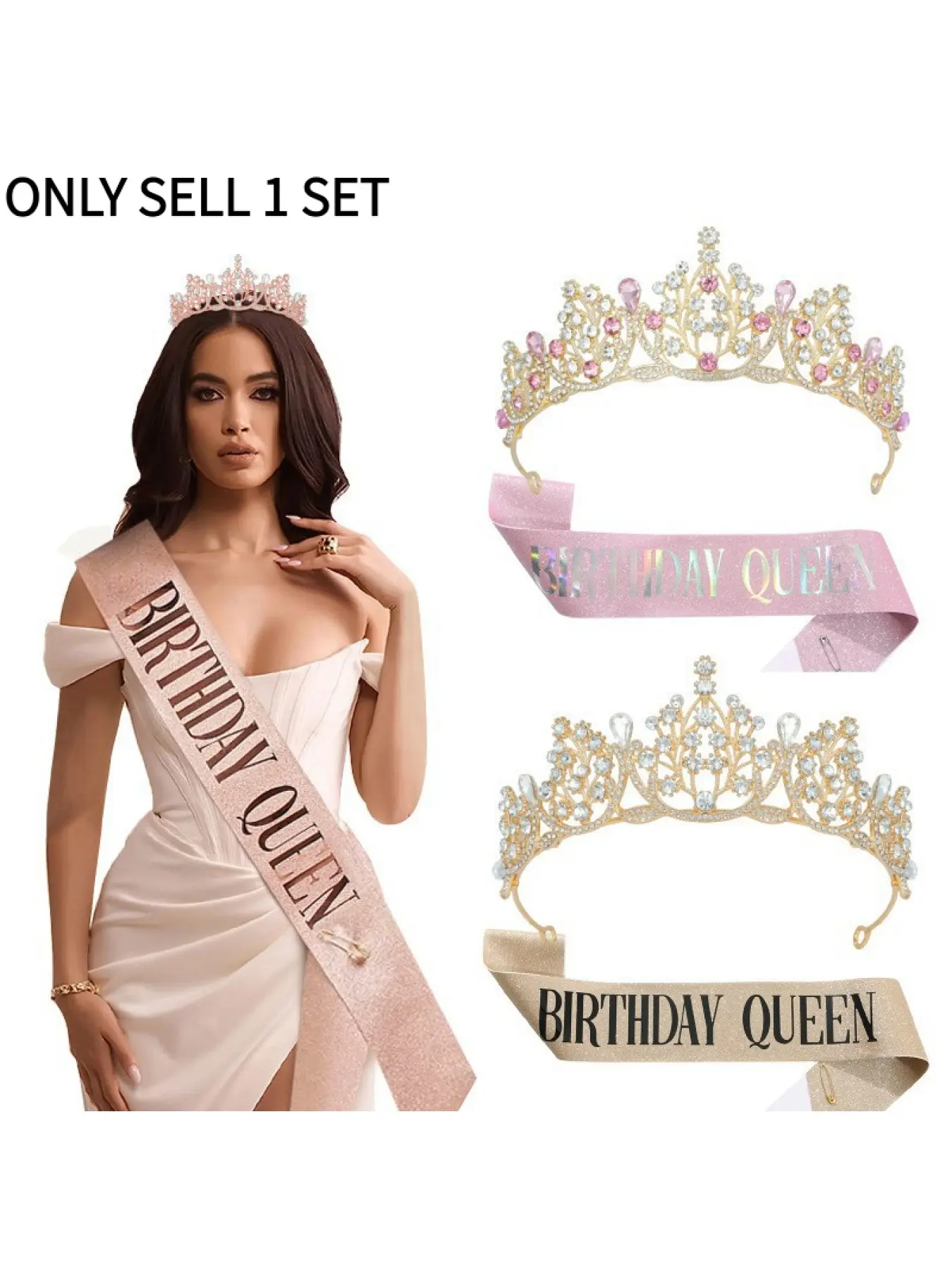 Birthday Queen Tiara Crown and Glitter Sash Set, European American Birthday Party Accessories, Rhinestone Crown Birthday Sash Kit for Women Birthday Party Decorations