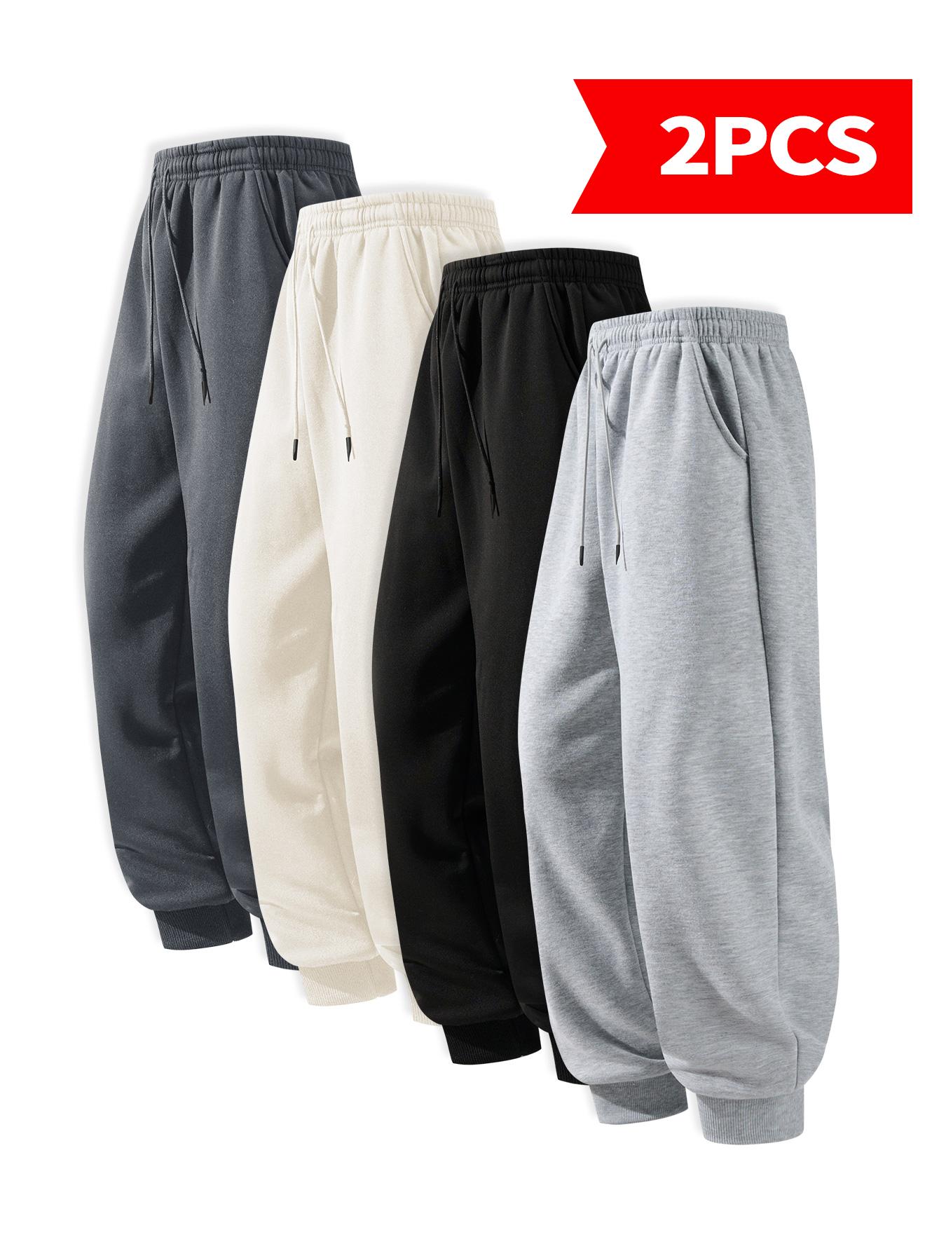 [2 Pack Solid Color Joggers] Men's Ankle-Length Sports Pants for All Seasons - Comfortable & Versatile Workout Running Sweatpants in Black Grey Beige & Dark Grey Two-Piece Set of Solid Color Sports Pants Made from Durable Polyester Fibers