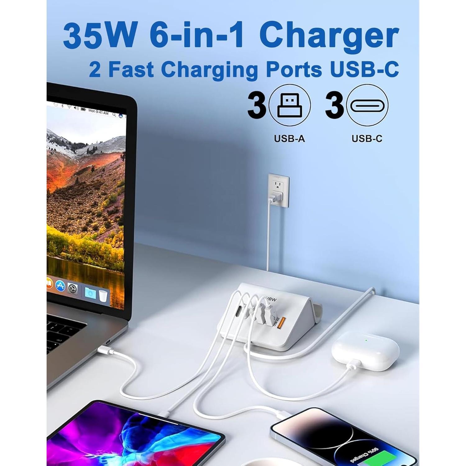 35W 6-Port Fast USB C Charger Block - 3A+3C Multi-Port USB Charging Station for Electronic Devices, Tablets, iPhone 15/15 Pro/14/13/12, Galaxy S23/S22/S21, Cord-Ready Home Organizer with Device Protection (White, 6USB-3A3C)