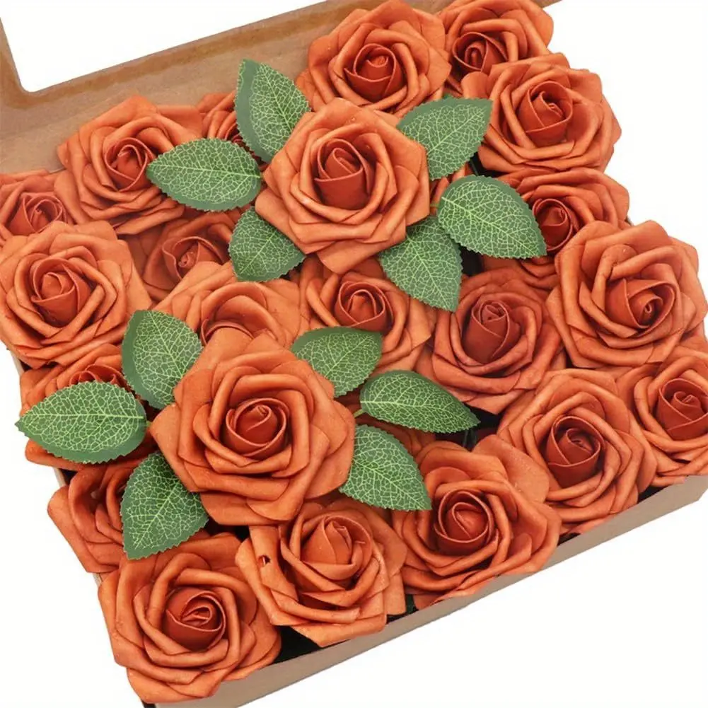 50pcs Retro Burnt Orange Artificial Roses Flowers with stems, Real Looking Foam Roses DIY for Wedding Arrangements Party Home Decoration Wedding Bouquets Bridal Baby Shower Floral Arrangements Party Home Office Table Decors