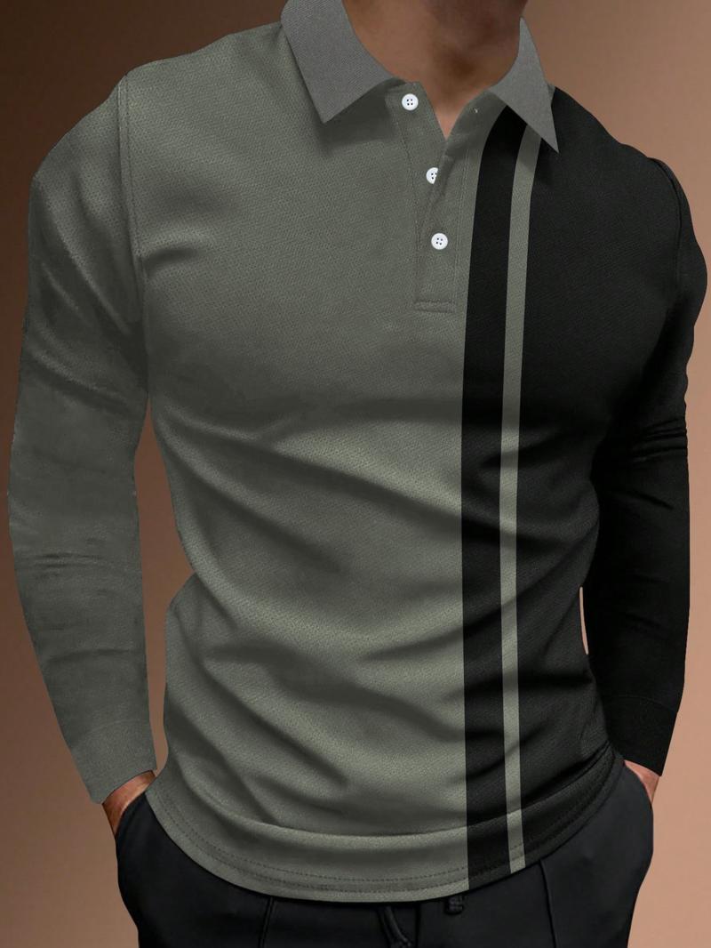 Men's Patchwork Print Half Button Fitted Polo Shirt, Regular Fit Casual Longsleeves Collared Top, Polo Shirts Men, Fall Outfits, Fall Going Out Tops, Men's Clothing, Polo Tees, Fashion Men's Clothes for Daily Wear, Menswear, Golf Colorblock Polo Shirt