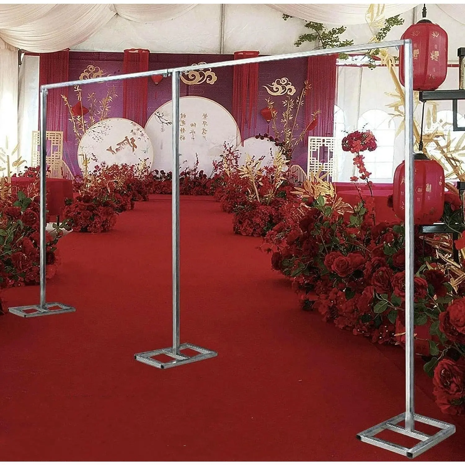 10 x 20 FT Pipe and Drape Stand Metal Large Wedding Backdrop Stand Adjustable Heavy Duty Portable Curtain Stand Standing Banner Decorative Banner Party Decoration Supplies Silver Galvanized Iron Modern Rectangular Free Standing with Wing Nuts Ornaments