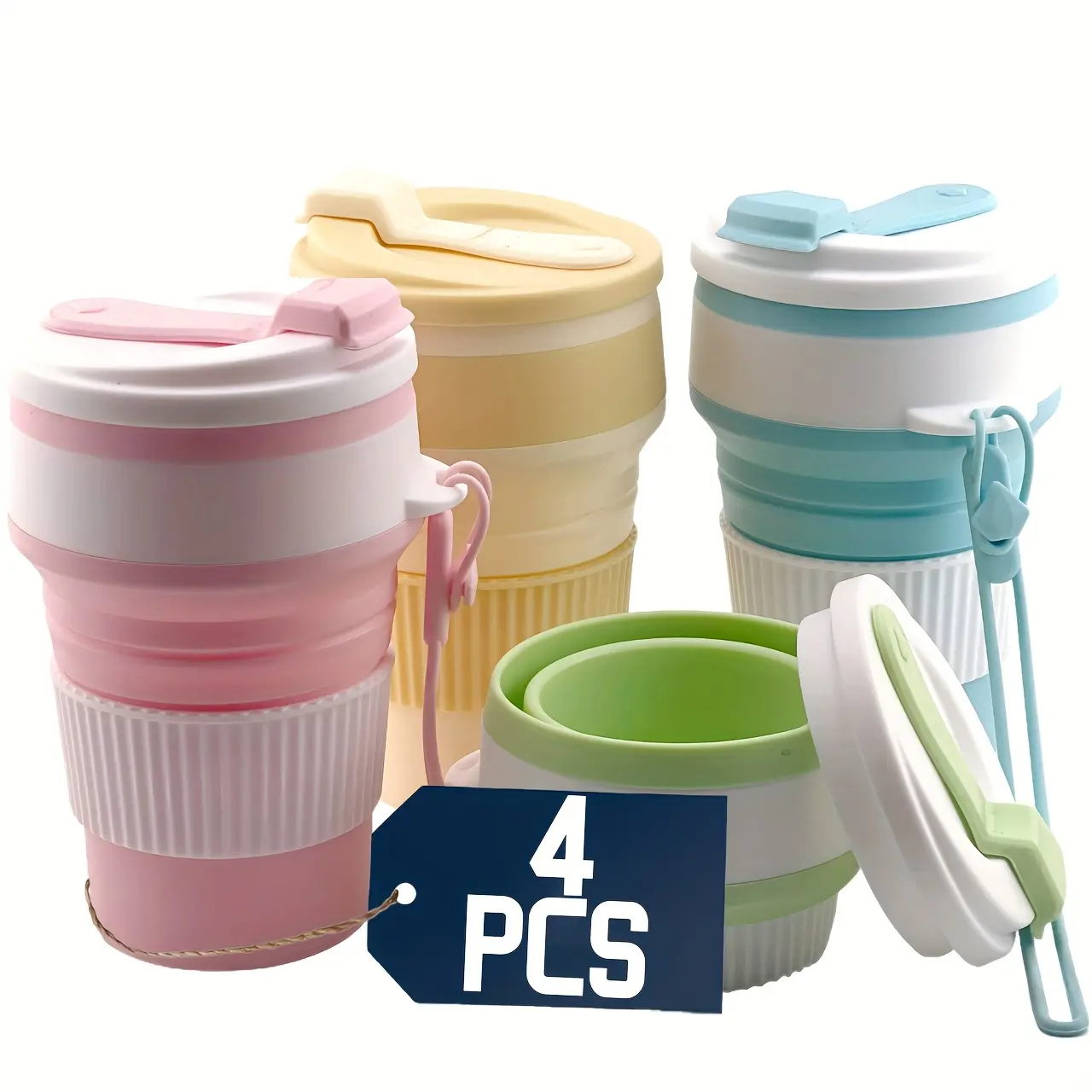 Silicone Collapsible Travel Water Cup, 4-Pack Collapsible Silicone Cups with Lids, Expandable Drinking Cup Set, Reusable Mugs for Camping, Hiking, Travel