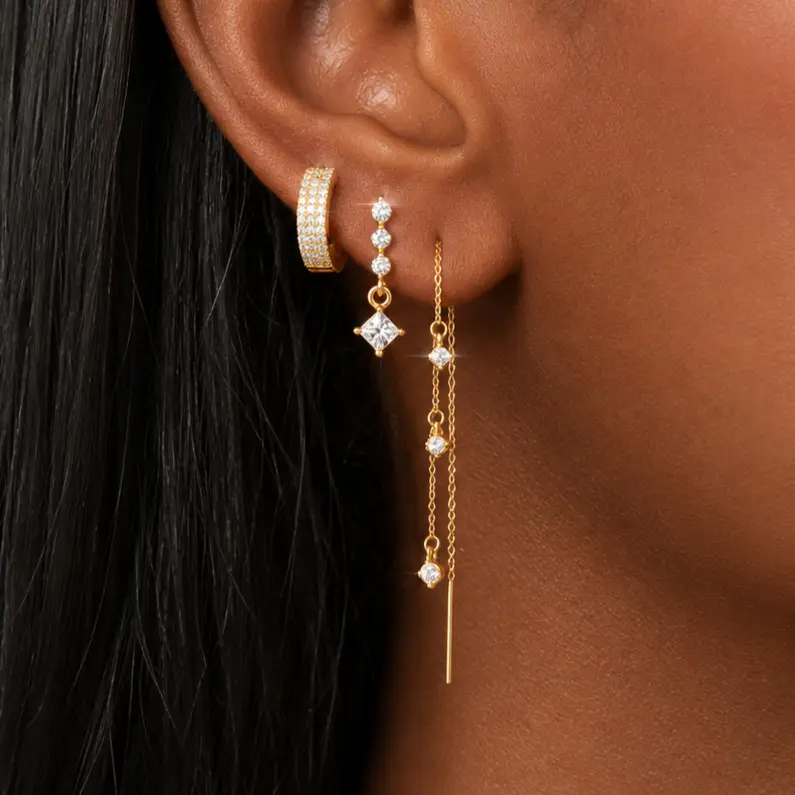 Women's 6pcs 14K Gold Plated Earring Stacking Set - Hypoallergenic Layered Hoops, Zircon Dangle Drop Earrings, Lightweight Cartilage Piercing Jewelry Gift for Females