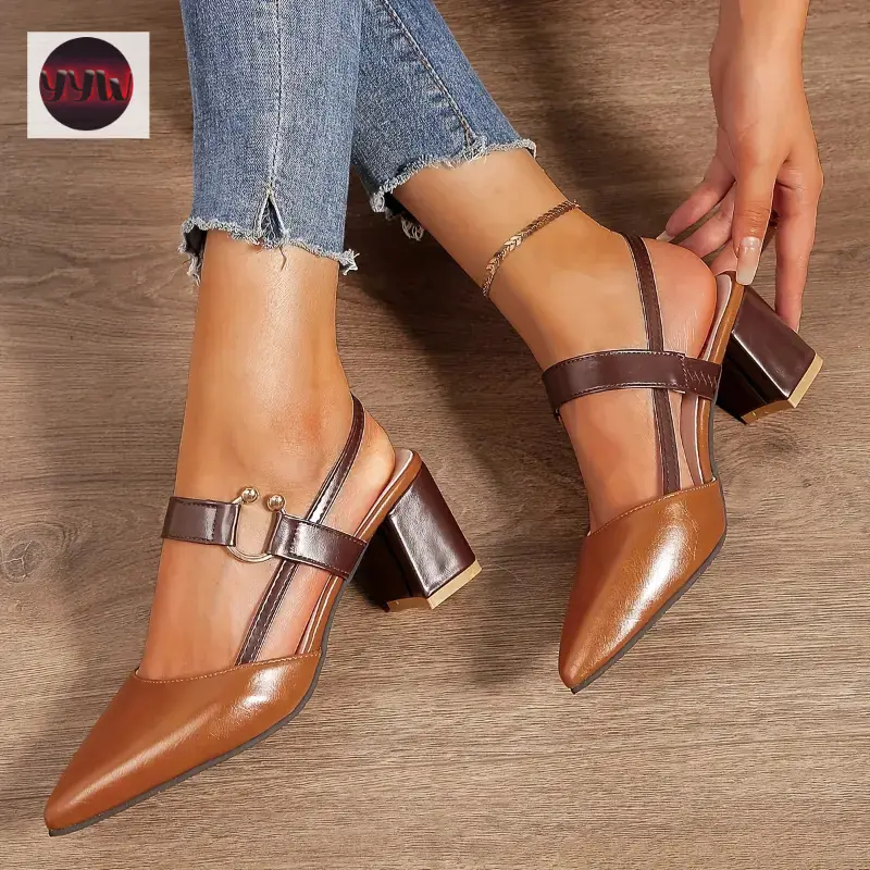 YYW1 [Heel Block Sandals Women's] Women's Pointed Toe Block Heel Sandals, Fashion Solid Color Slingback Shoes, Versatile Mid Heels