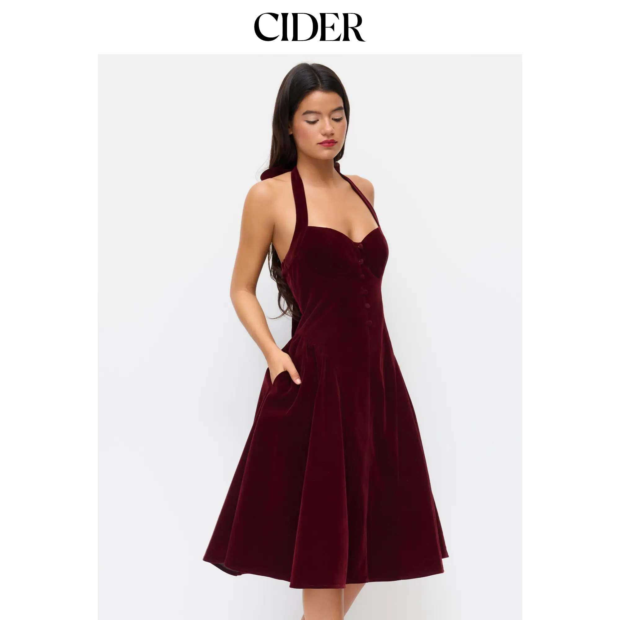 Cider Velvet Halter Neckline Ruffle Knotted Midi Dress SummerFinds
