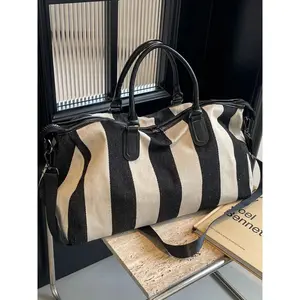 High-End Travel Bag, Large Capacity, Portable Business Trip Luggage, Color Block Stripe Design, Versatile Handbag for Gym & Overnight Use