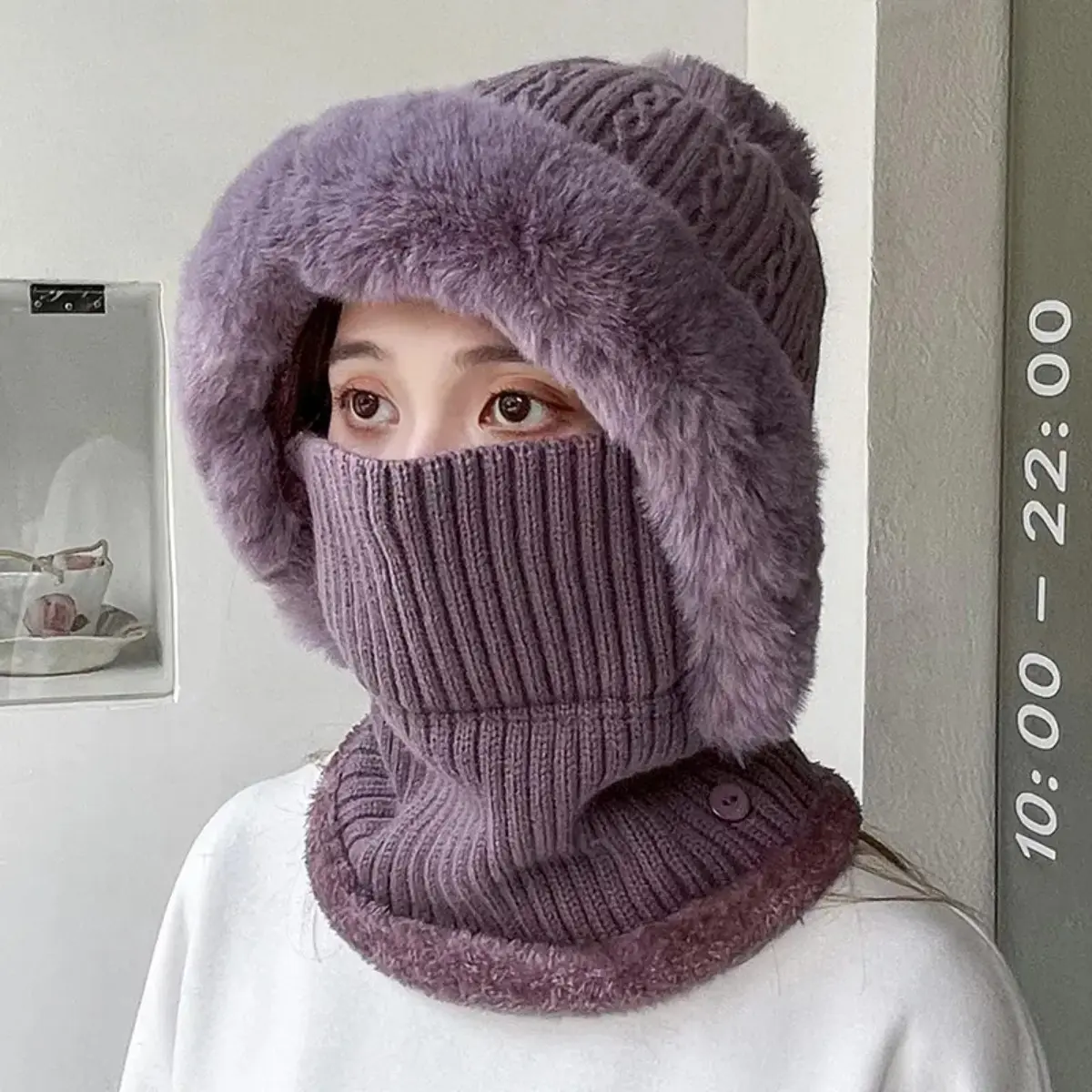 Winter Knitted Neck Guard Balaclava with Faux Fur Lining, Warm Full-Face Beanie with Ear Flaps & Neck Gaiter, Motorcycle Cold-Weather Outdoor Protective Gear, Neck Guard Balaclavas sohochic