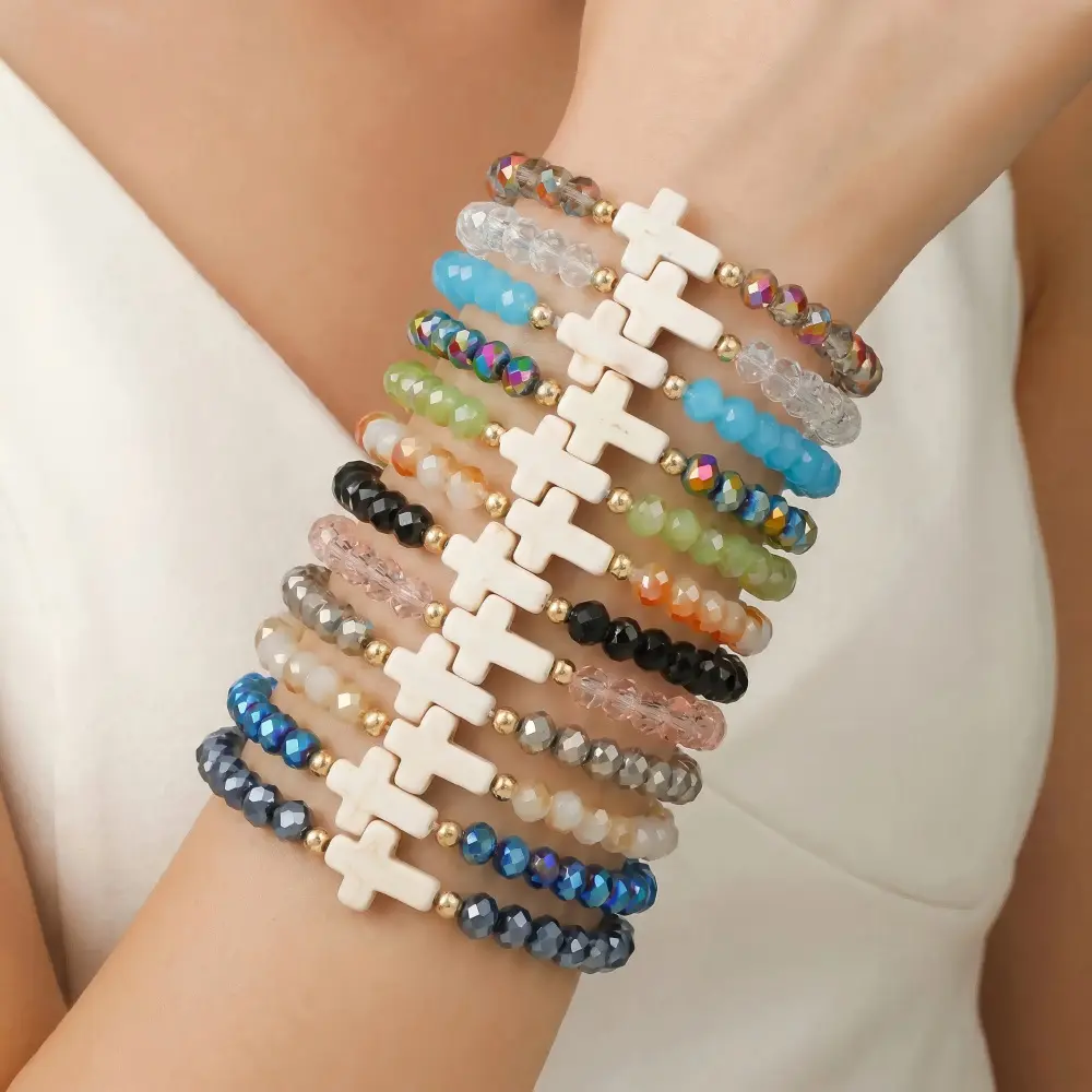 12pcs Bohemian Resin Cross Glass Beads Bracelets - Elastic Bands, Bohemian Look, Floral Motif, Unisex Wear, Casual Daily Use, Party & Gift Ideas, Stylish Costume Jewelry Accessory, Cross Charms