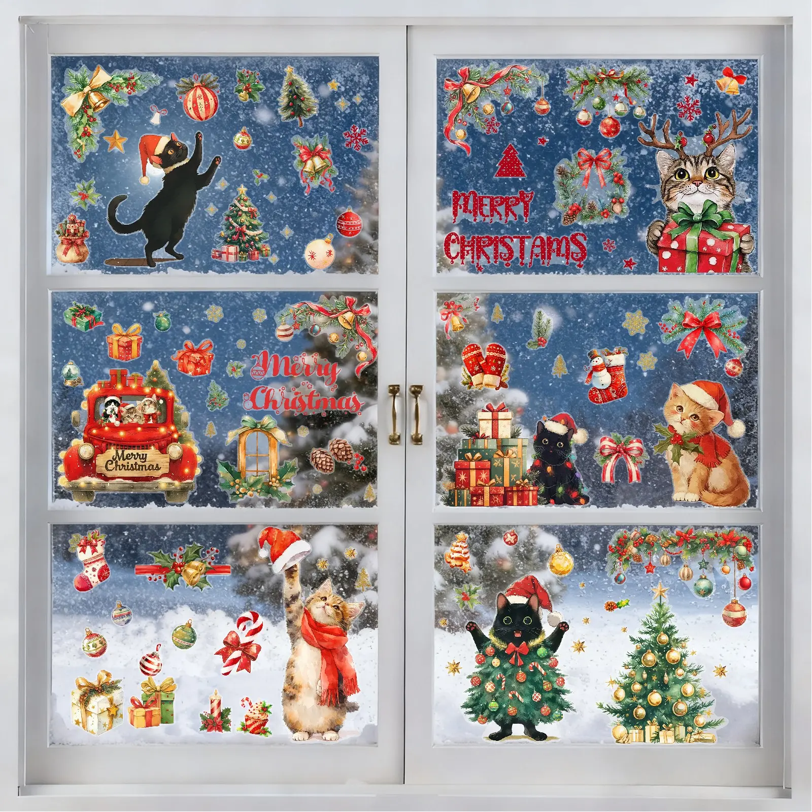 Christmas Window Stickers Set, 9 Pieces, 11.81x7.87 Inch, Pre-Cut Patterns, Removable Without Residue, Party Decorations