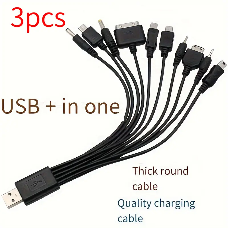 2/3pcs 10-in-1 Multi Tip USB Charging Cable Thick Round Cord Universal Multi Connector Charging Wire For Old Electronics Mobile Devices