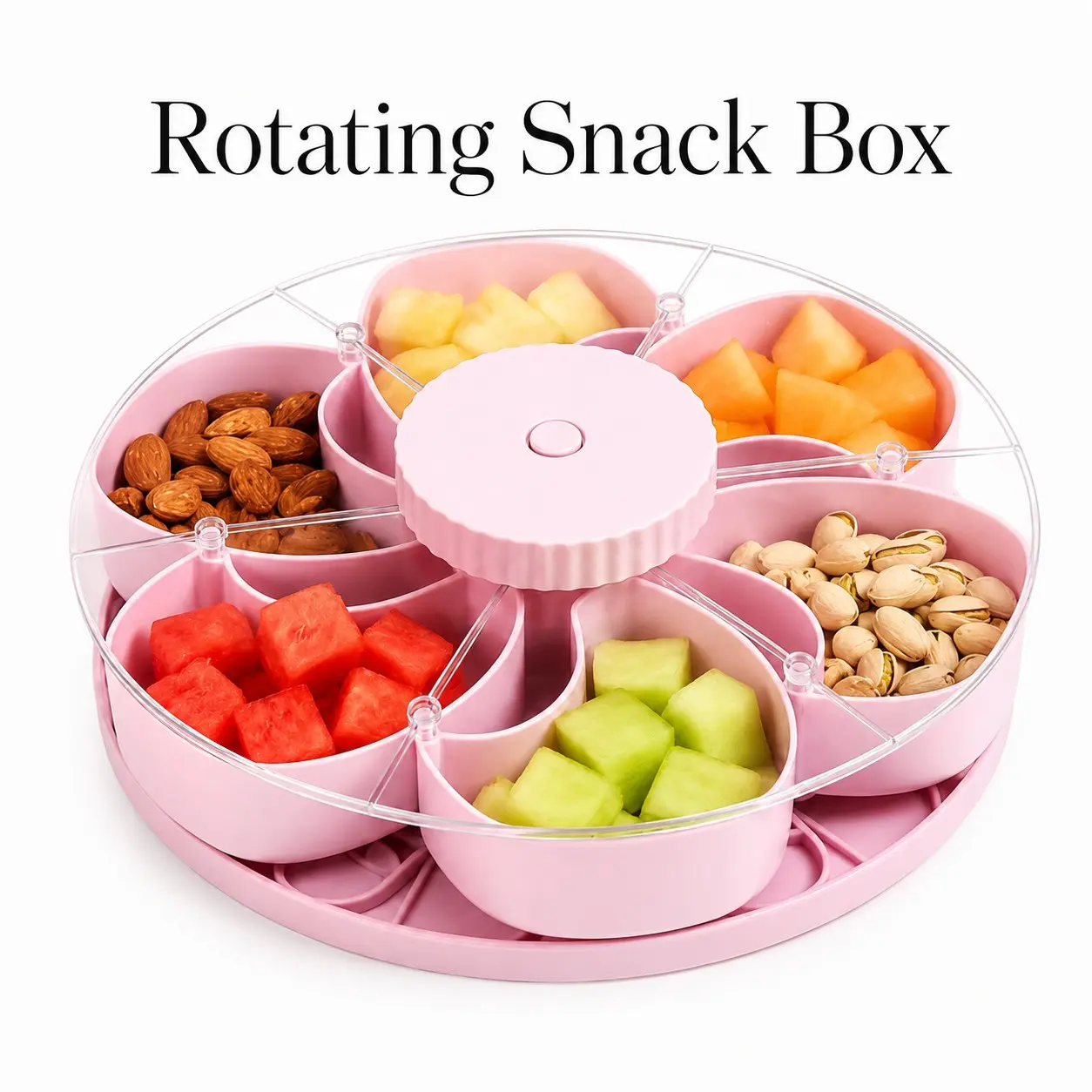 Stackable Snack Storage Box, Portable Round Vegan Fruit Tray, Kitchen Party Picnic Travel Candy Fruit Container, Rotating Compartment Tray with Lid