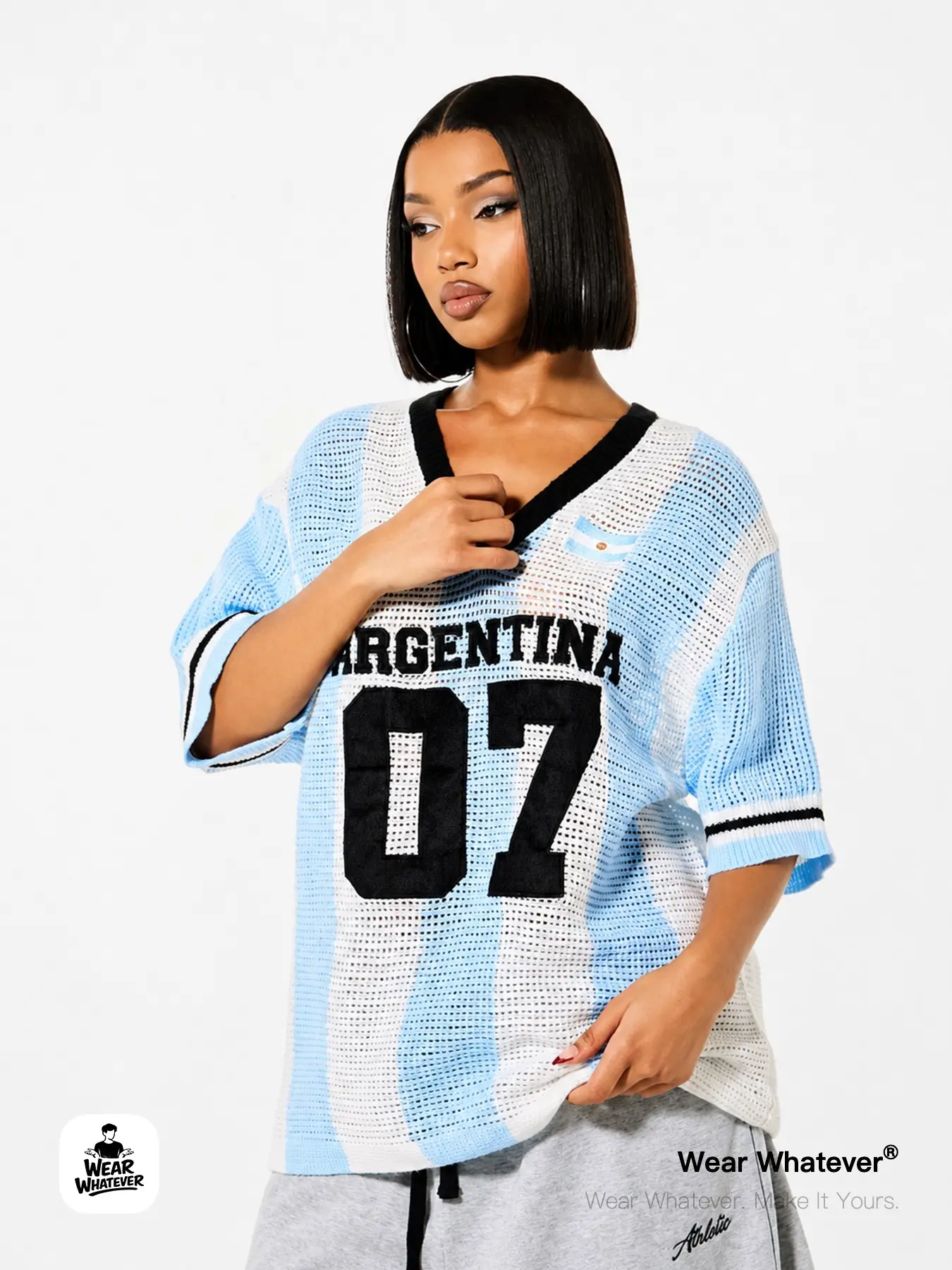 Wear Whatever Women’s Crochet Mesh Soccer Jersey Top, Oversized V Neck Number Graphic Open Knit Shirt for Summer Streetwear, Beach Cover Up, Festival, Vacation and Casual Daily Outfits