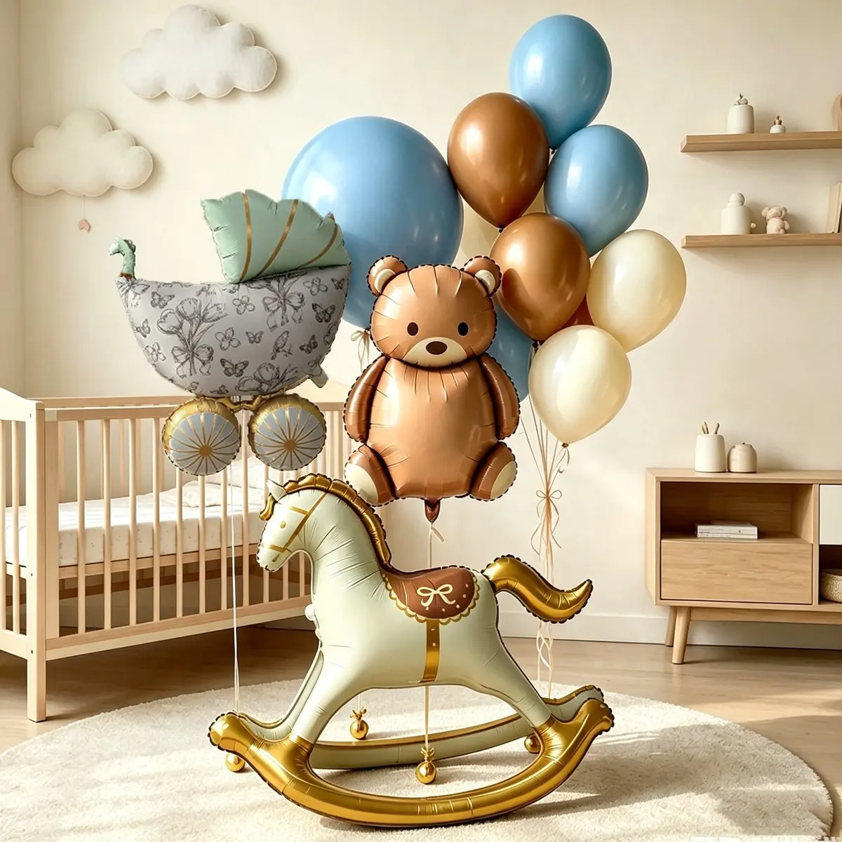 3D Wooden Horse Baby Stroller Bear Aluminum Foil Balloons, Vintage Smog Blue Coffee Color Latex Balloons for Party Decorations Balloon Party Supplies