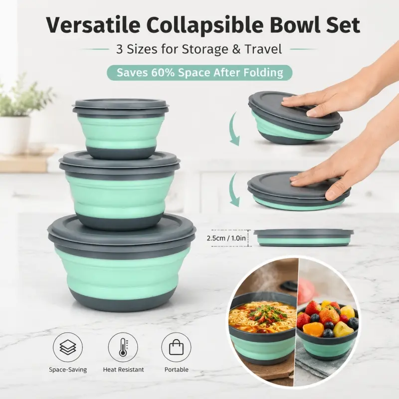 3-Piece Silicone Collapsible Bowls with Sealed Lids. Press flat for easy storage, expand for large capacity, saving about 60% space after folding.