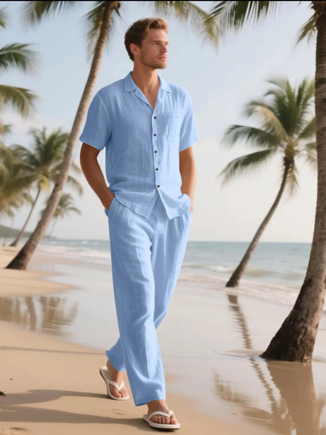 Vacation Style Casual Solid Texture Cotton Linen Set, Cuban Collar Single Pocket Shirt + Flowy Wide Leg Long Pants, Men's Fashion Menswear