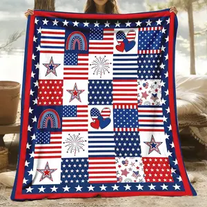 4th Of July Throw Blanket, Patriotic Patchwork Stars Fireworks Flannel Blanket, Soft Cozy Warm Throw, Red White Blue Collage Design, Gift for Him Her, Independence Day Couch Bedroom Decor ﻿ ﻿ ﻿