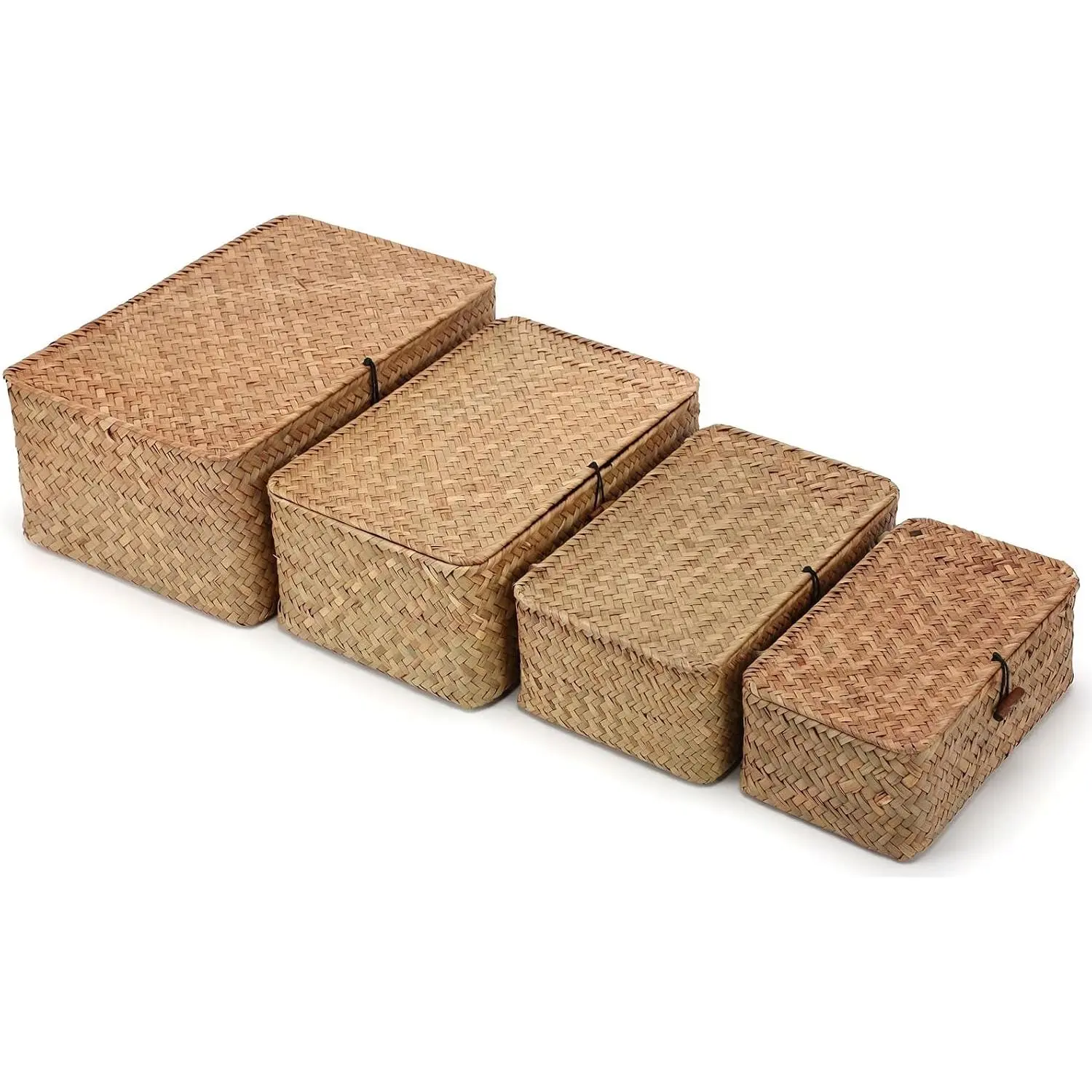 4-Piece Lidded Seagrass Storage Basket Set, Decorative Woven Rattan Organizer Bins for Home Organization, Natural Fiber Boxes to Pack for Shelves, Living Room, Bedroom