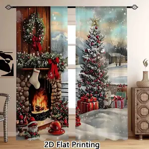 2-Piece Christmas Theme Curtains, 2D Print, Santa Claus & Fireplace Design, Living Room & Bedroom Decor, Rod Pocket Style