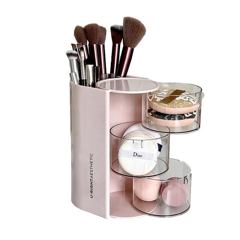 360° Rotating Makeup Storage Box with Transparent Drawers and Brush Holder - Automatic Rotating Acrylic Makeup Organizer, Large Capacity Skincare Organizer with Compartments