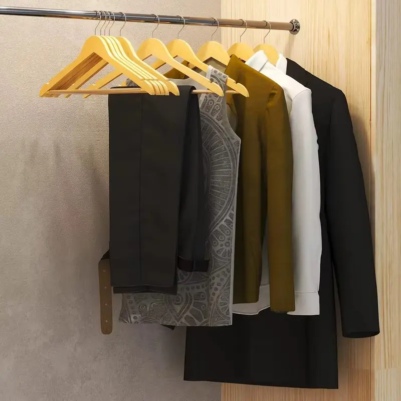 Natural Wooden Closet Hangers Heavy Duty Smooth Finish with Non-Slip Trouser Bar Shoulder Grooves 360° Swivel Hooks Brown Fits IKEA Wardrobes