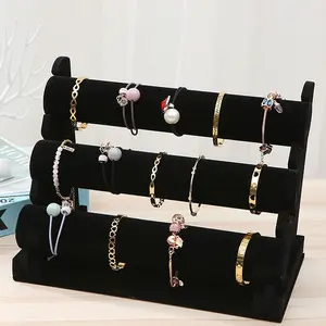 3-Tier Black Velvet Bracelet Display Stand, Multi-Layer Bangle Storage Holder, Tabletop Watch Jewelry Organizer For Store