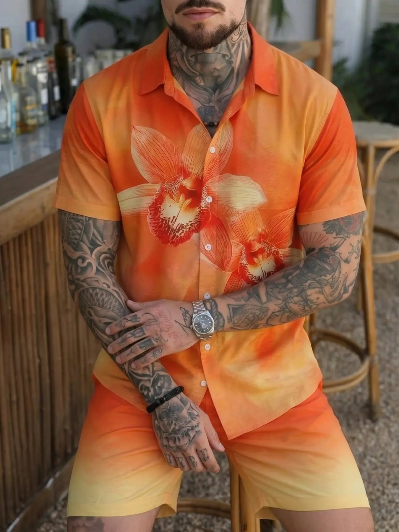 Gradient Floral Print Men's Short Sleeve Shirt, Summer Casual Tee, Trendy Fashion Top, Fitted Contemporary Style, All Seasons
