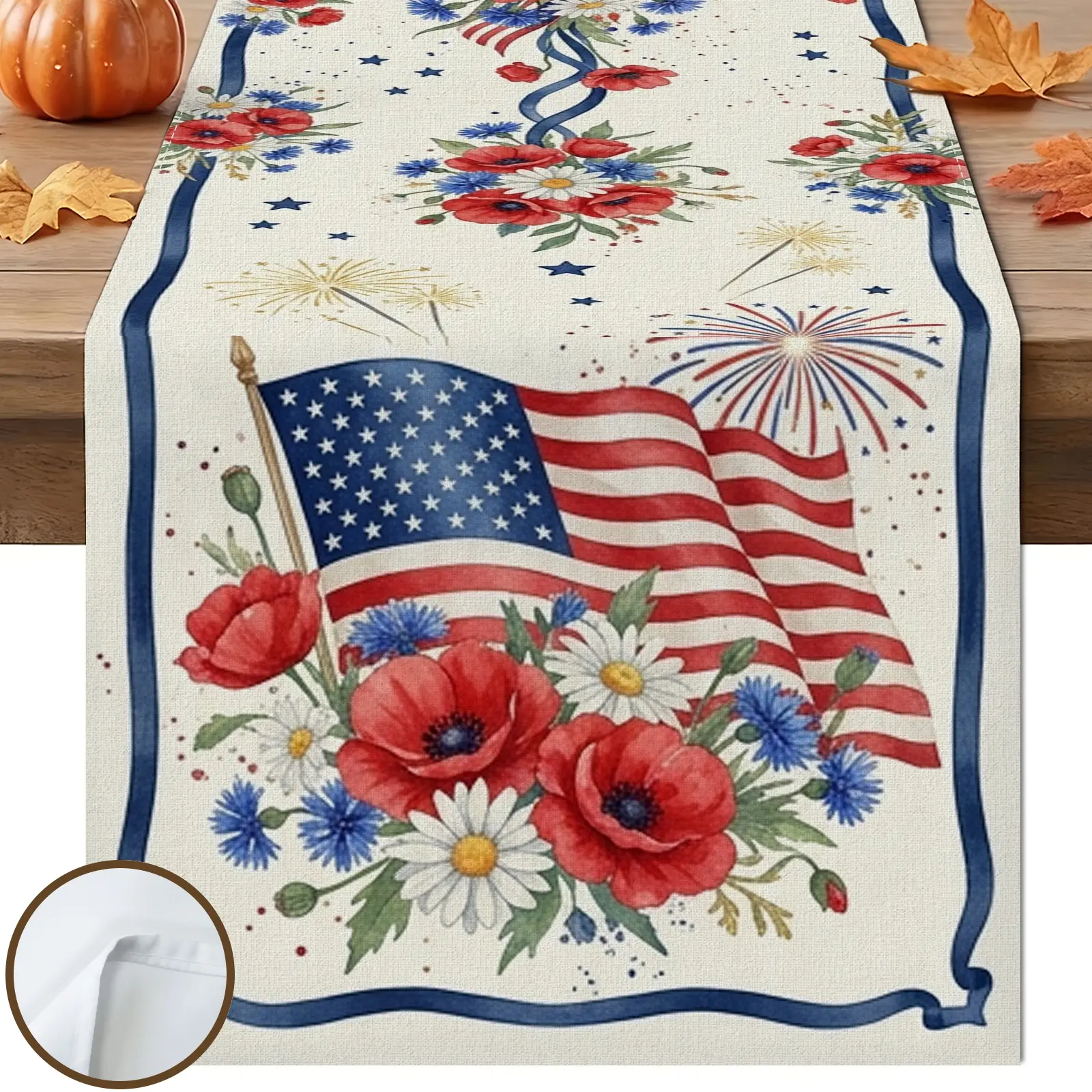 1pc American Flag Floral Stars Table Runner, Rustic Americana Style, Red White and Blue Floral Graphic Print, for Dining Table Kitchen Decor Home Decor Labor Day Decor