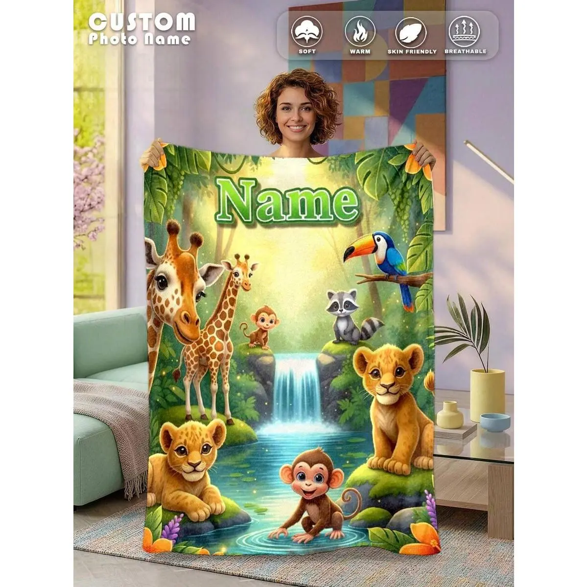 Personalized Jungle Safari Flannel Throw Blanket - Watercolor Tropical Animals, Soft Warm Wrinkle-Resistant Cover, Custom Name Design, Wedding Gift, Best Friends’ Nursery Room Ideas Cozy Setup Customized Blankets