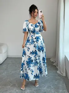 Elegant Floral Print Midi Dress for Women, Summer & Spring Party Wear, Chic Pleated Waist Design, Perfect for Dates & Events, Elegance