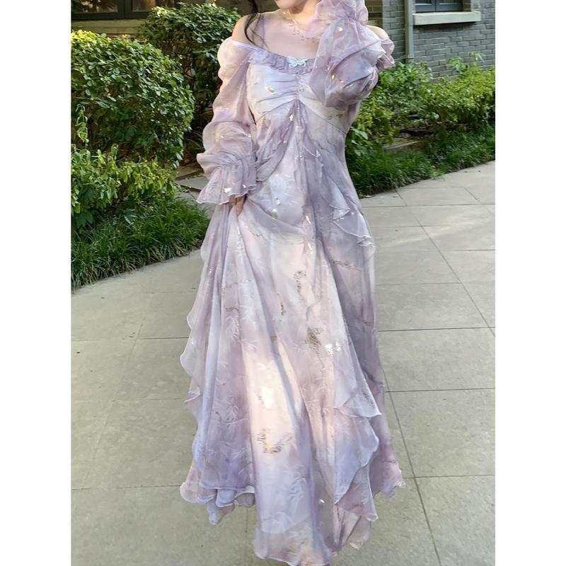 Women's Off-Shoulder Longsleeves Dress - Elegant Lavender Blue Gradient Floral Print, Ruffle Details, Character Outline, Polyester Clothes, Casual Wear, Spring-Summer Wedding Guest Attire
