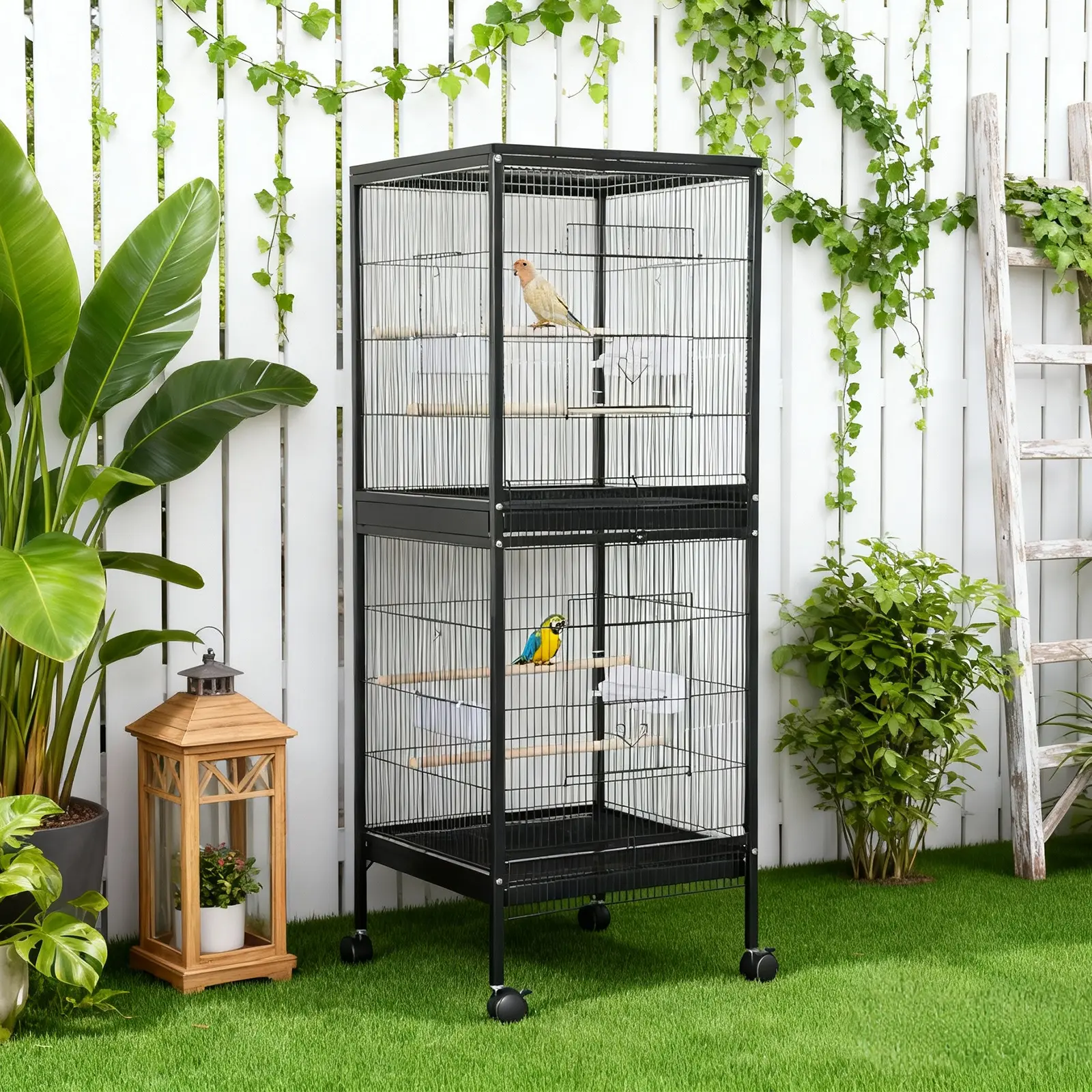 Double Decker Rolling Bird Cage for Small Medium Birds, Low Carbon Steel Tall 2-Tier Mobile Bird House with Lockable Wheels, for Parakeet, Cockatiel, Macaw Budgie