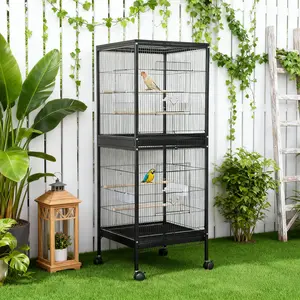 Double Decker Rolling Bird Cage for Small Medium Birds, Low Carbon Steel Tall 2-Tier Mobile Bird House with Lockable Wheels, for Parakeet, Cockatiel, Macaw Budgie