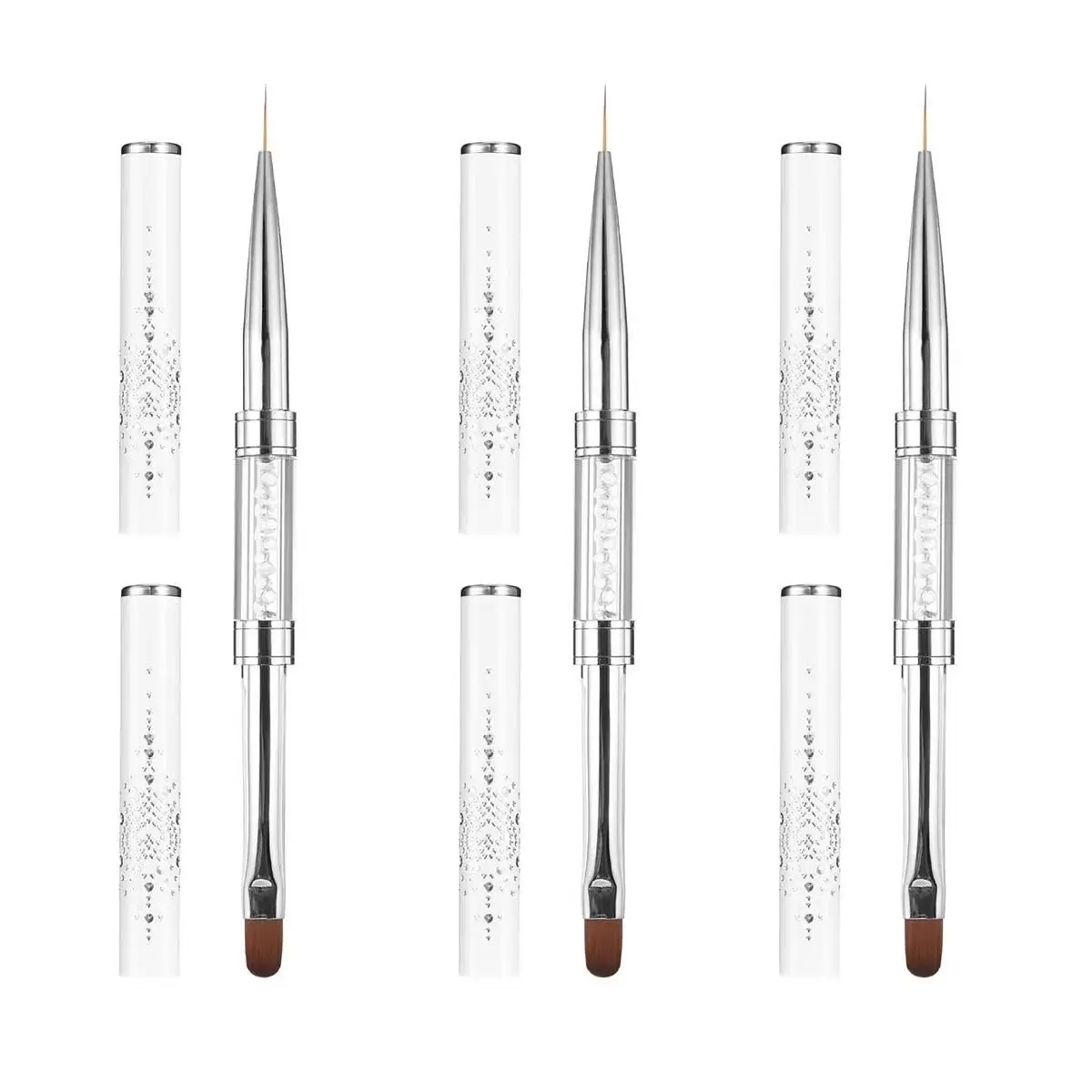 3Pcs 2 in 1 Dual-Ended Nail Gel Nail Art Brush Set, Rhinestone Handle Builder Poly Gel Fine Liner for Nail Extension French Manicure
