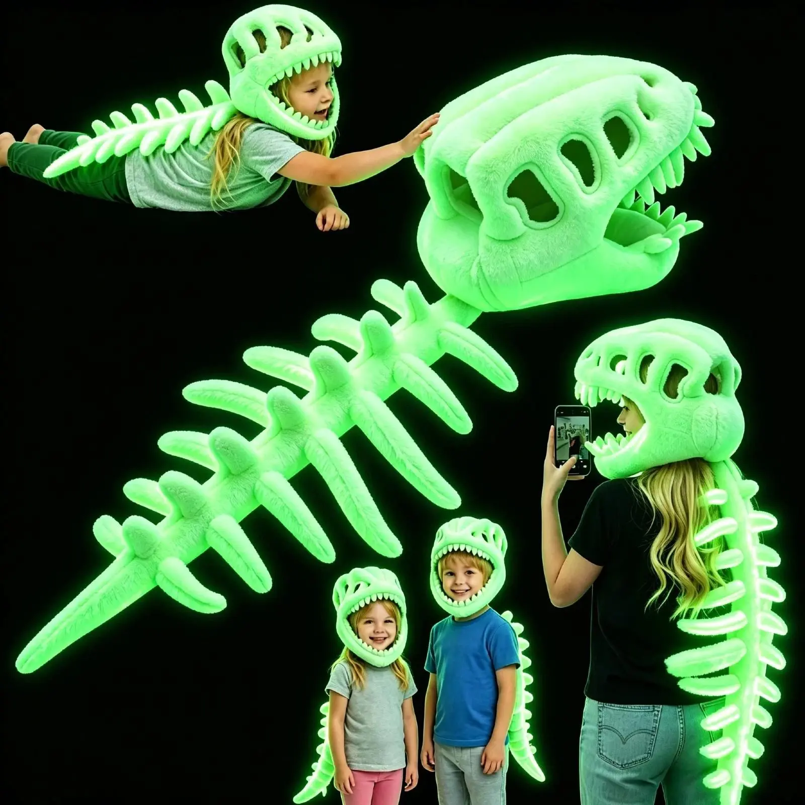 Glow-in-the-Dark Dinosaur Skeleton Mask & Hat Set - Luminous Skull Costume Accessory, Novelty Party Prop for Halloween, Cosplay, Night Festivals & Trendy Photo Shoots