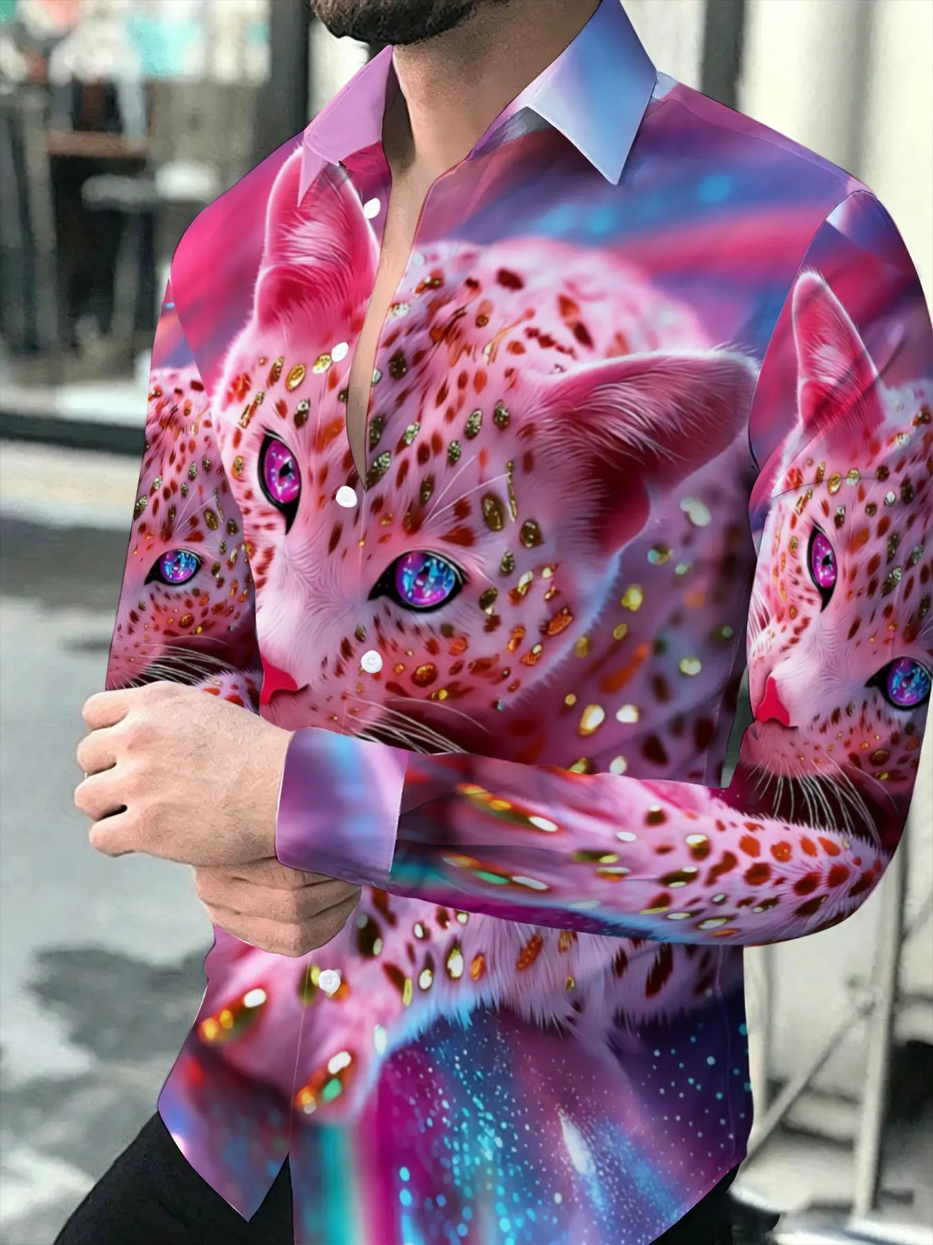 Men's Trendy Personality Pink Purple Iridescent Cheetah Print Long Sleeve Shirt Casual Street Style Lapel Cardigan Top Fashion Eye-catching Loose Plus Size For Party And Daily Wear, Printed Party Activewear for Everyday Wear