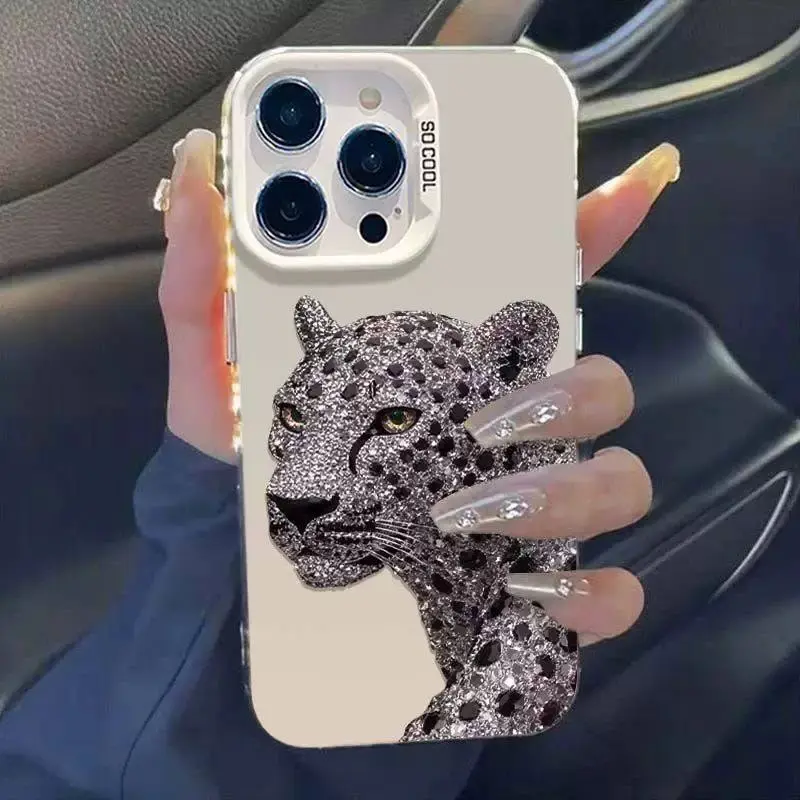 Grey Leopard Print Phone Case with Diamond Accents, Mobile Phone Accessories for iPhone Series
