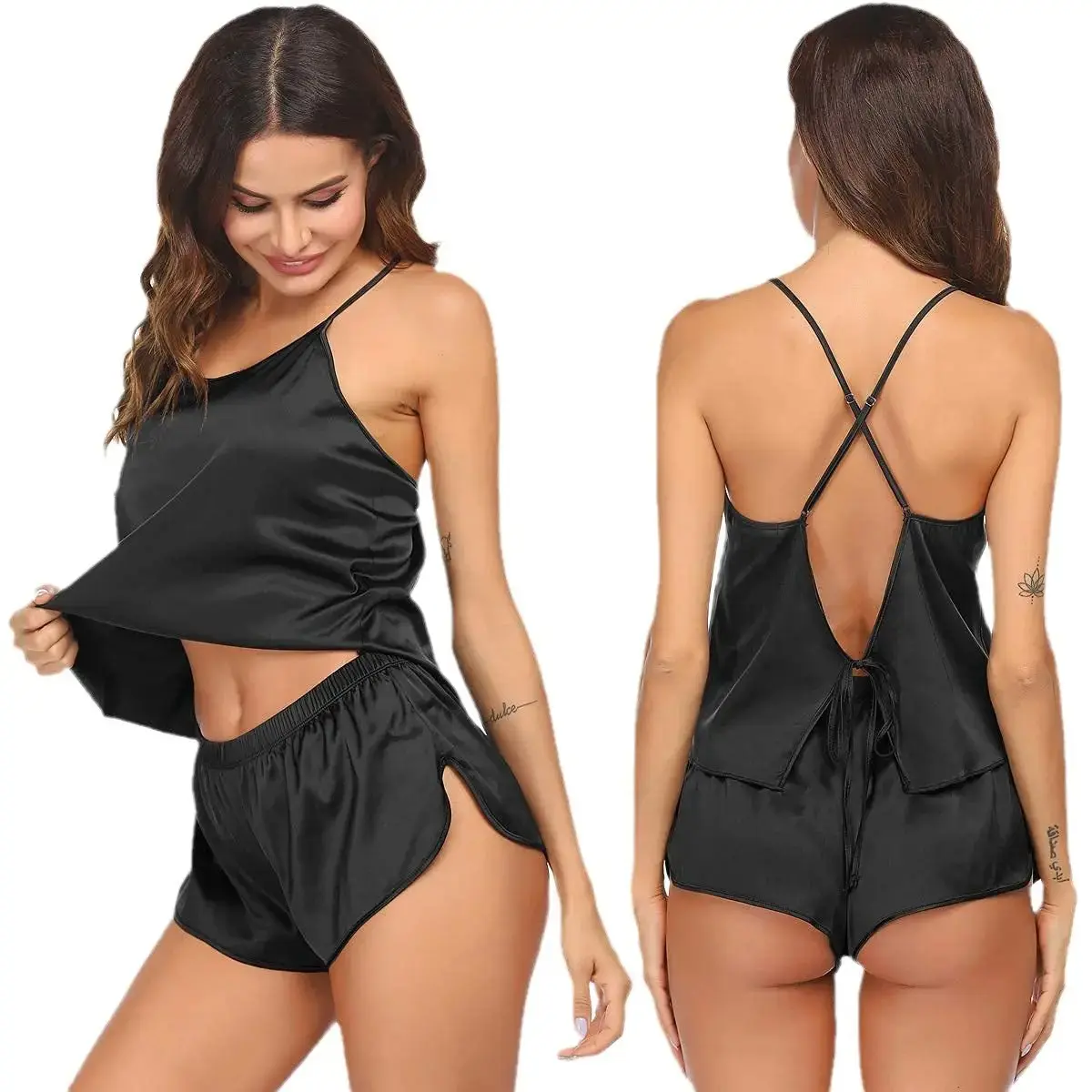 Women’s 2-Piece Cami & Shorts Set, Backless Spaghetti Strap Sleepwear, Soft Lounge Pajama Set for Women, Cute Matching Outfit for Sleeping, Lounging, Relaxing & Everyday Home Wear