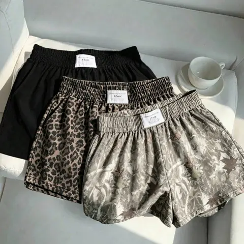 3-Pack Y2K Retro Elastic Waist Leopard Print Shorts, Solid Leopard Camo Styles, Loose Fit Comfortable Streetwear, Pockets, Women's Summer Bottoms