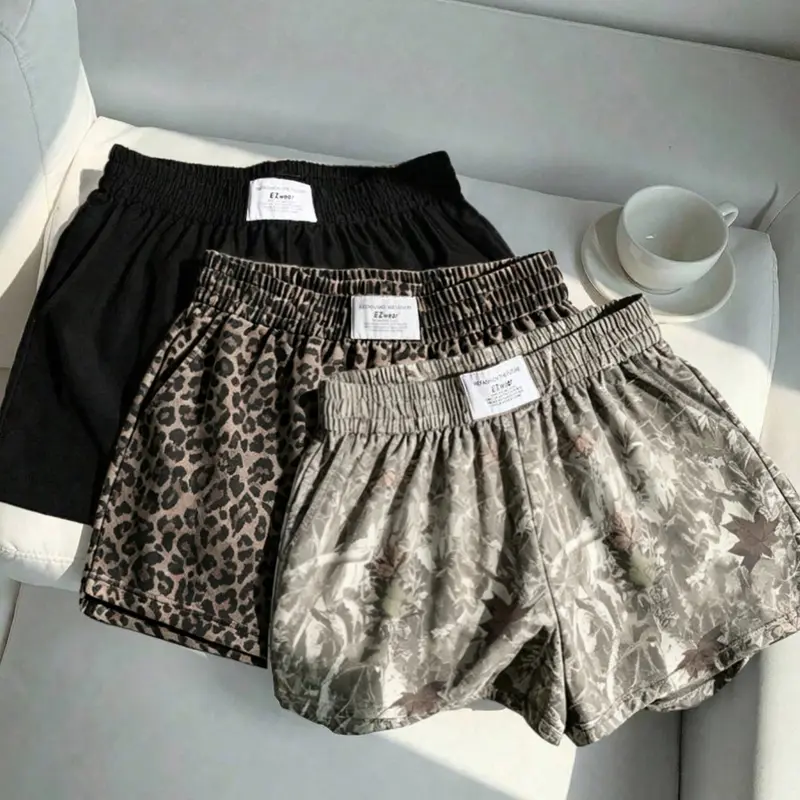 3-Pack Y2K Retro Elastic Waist Leopard Print Shorts, Solid Leopard Camo Styles, Loose Fit Comfortable Streetwear, Pockets, Women's Summer Bottoms