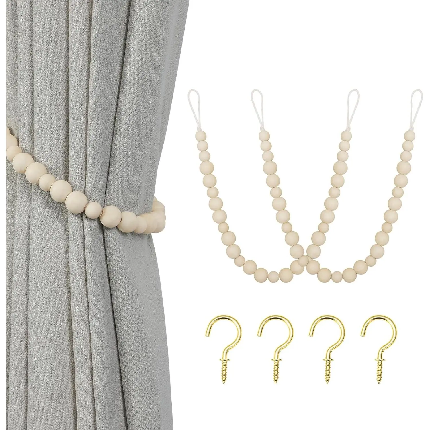 Bead Curtain Tiebacks, 2 Pack Curtain Tie Backs with Hooks | Curtain Holdbacks for Thin or Thick Window Draperies, Boho Curtain Holders for  Office Room Decor