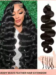 Feather Crochet Human Hair Body Wave Extensions, Pre Separated Handmade Knotless Bundles, Pre Looped Crochet Braiding Hair for Women, 12-24 Inch Natural Black