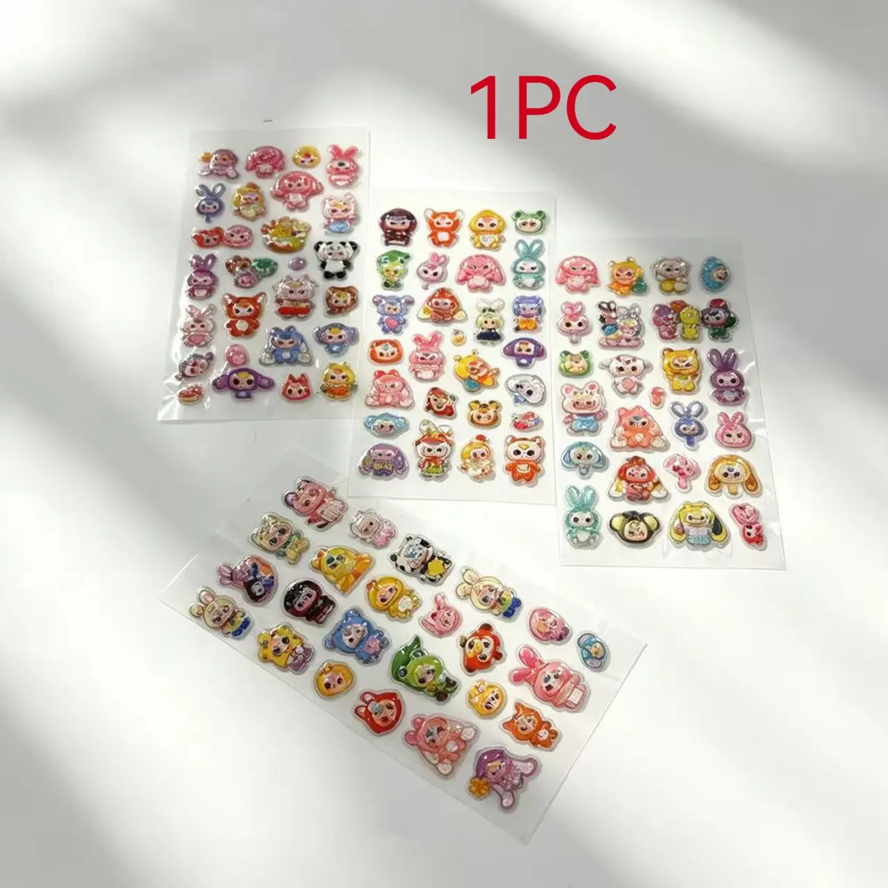 4-Pack Cute Cartoon Animal 3D Cool Stickers, Transparent Card Packaging, Multi-Color Adorable Bunny Bear Dog Cat Fox, DIY Decor for Kids