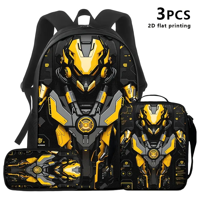 3PCS Water Resistant Backpack Set, Yellow Bumblebee Mecha Robot Tech Panel Print Backpack Insulated Lunch Bag Pencil Case 600D Oxford Sci-Fi Transformers Fans Student Daily Kit